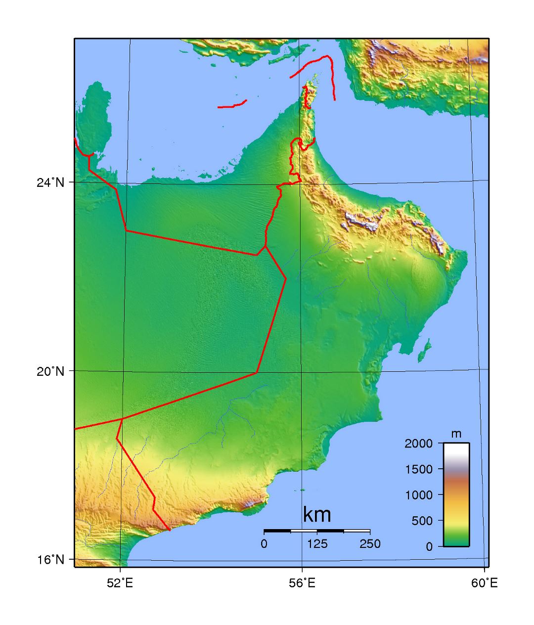 Large topographical map of Oman