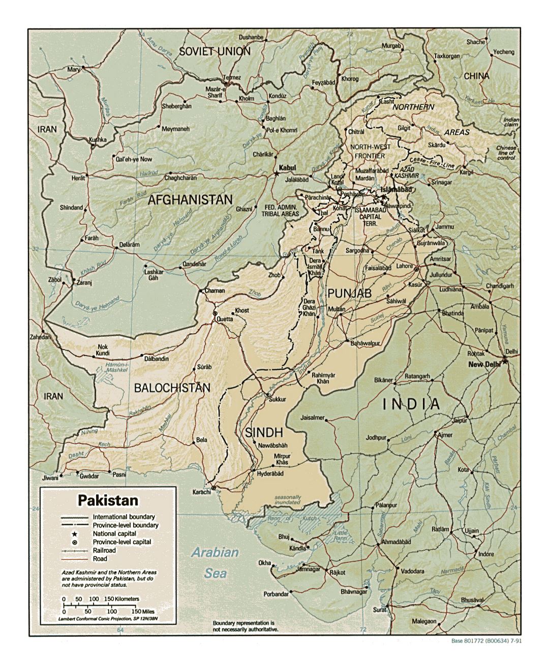 Detailed political and administrative map of Pakistan with relief, roads, railroads and major cities - 1991
