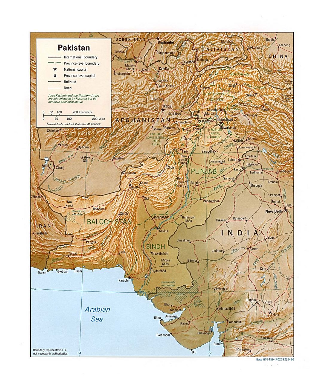 Detailed political and administrative map of Pakistan with relief, roads, railroads and major cities - 1996