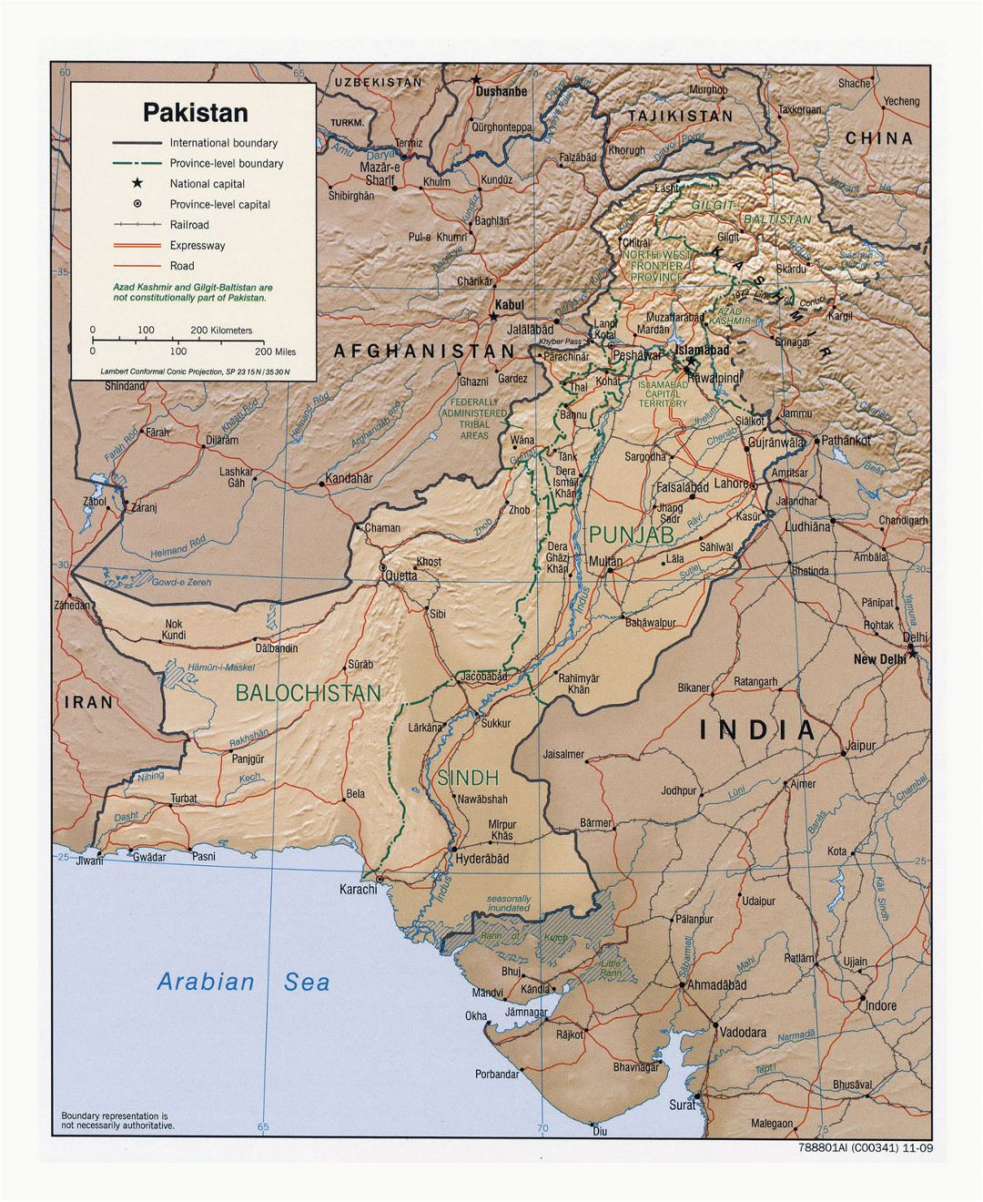 Detailed political and administrative map of Pakistan with relief, roads, railroads and major cities - 2009