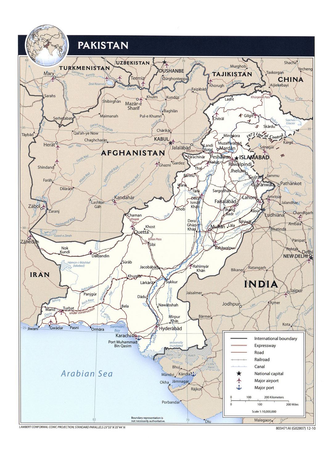 Detailed political map of Pakistan with roads, railroads, major cities, airports, ports and other marks - 2010