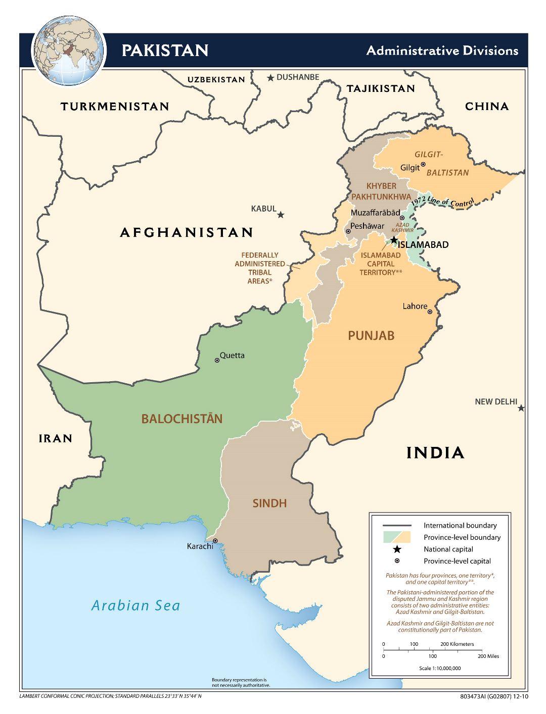 Large administrative divisions map of Pakistan - 2010