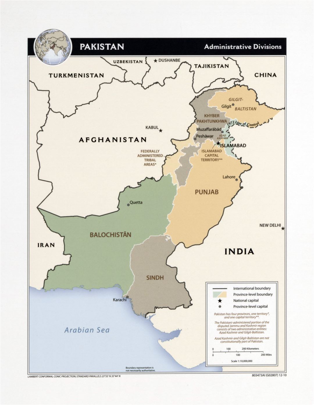 Large detailed administrative divisions map of Pakistan - 2010