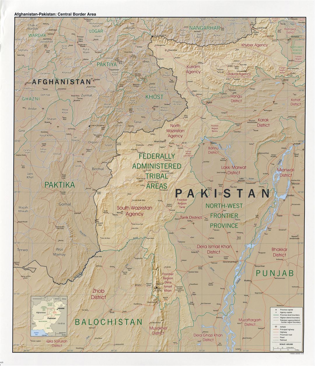 Large detailed Afghanistan-Pakistan central border area map with relief and other marks - 2008