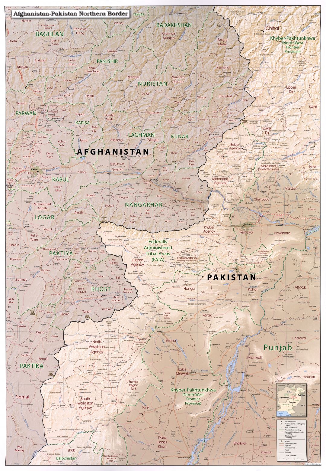 Large detailed Afghanistan-Pakistan northern border map with relief, administrative divisions, roads, railroads, airfields and all cities - 2010