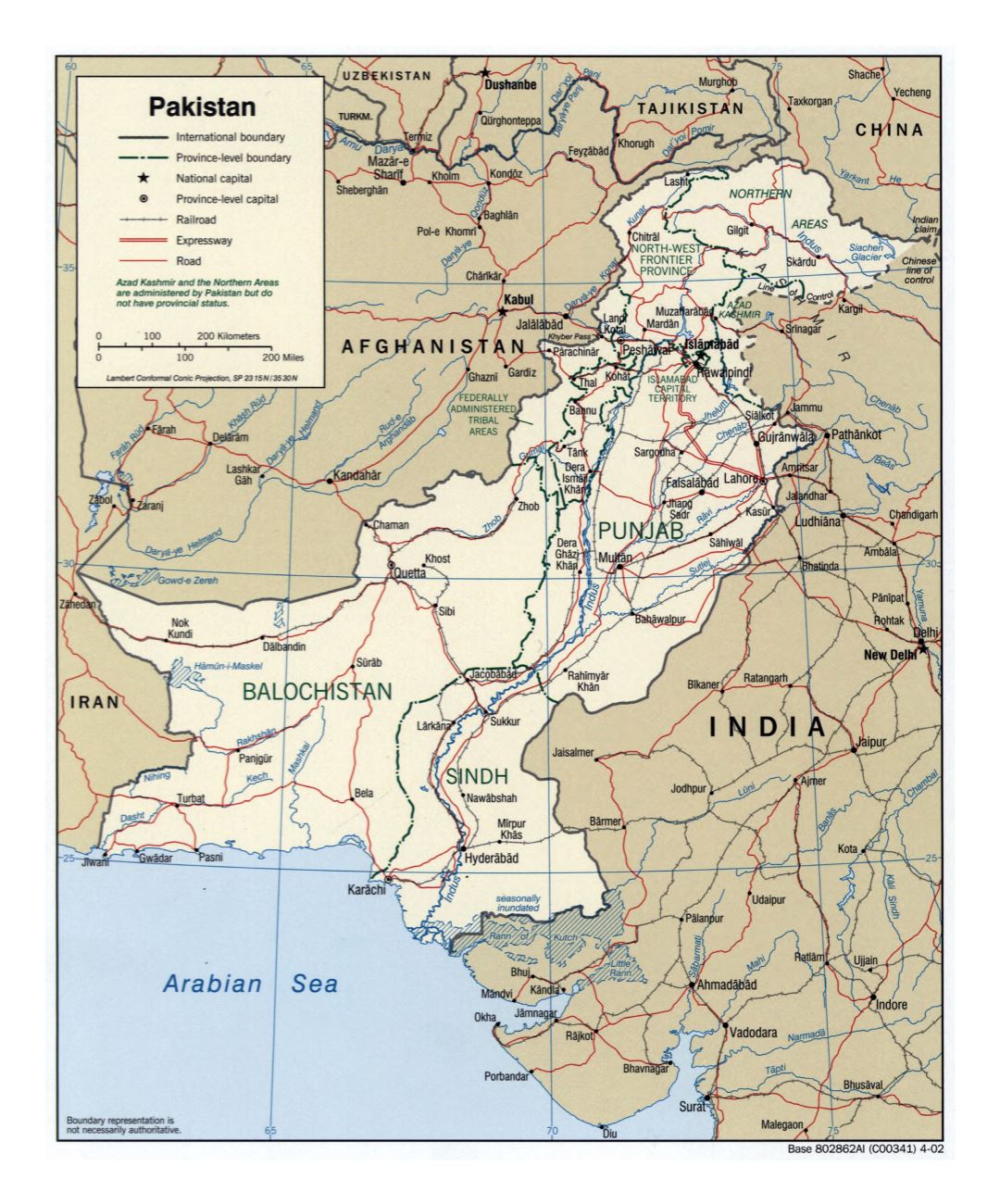 Large detailed political and administrative map of Pakistan with roads, railroads and major cities - 2002
