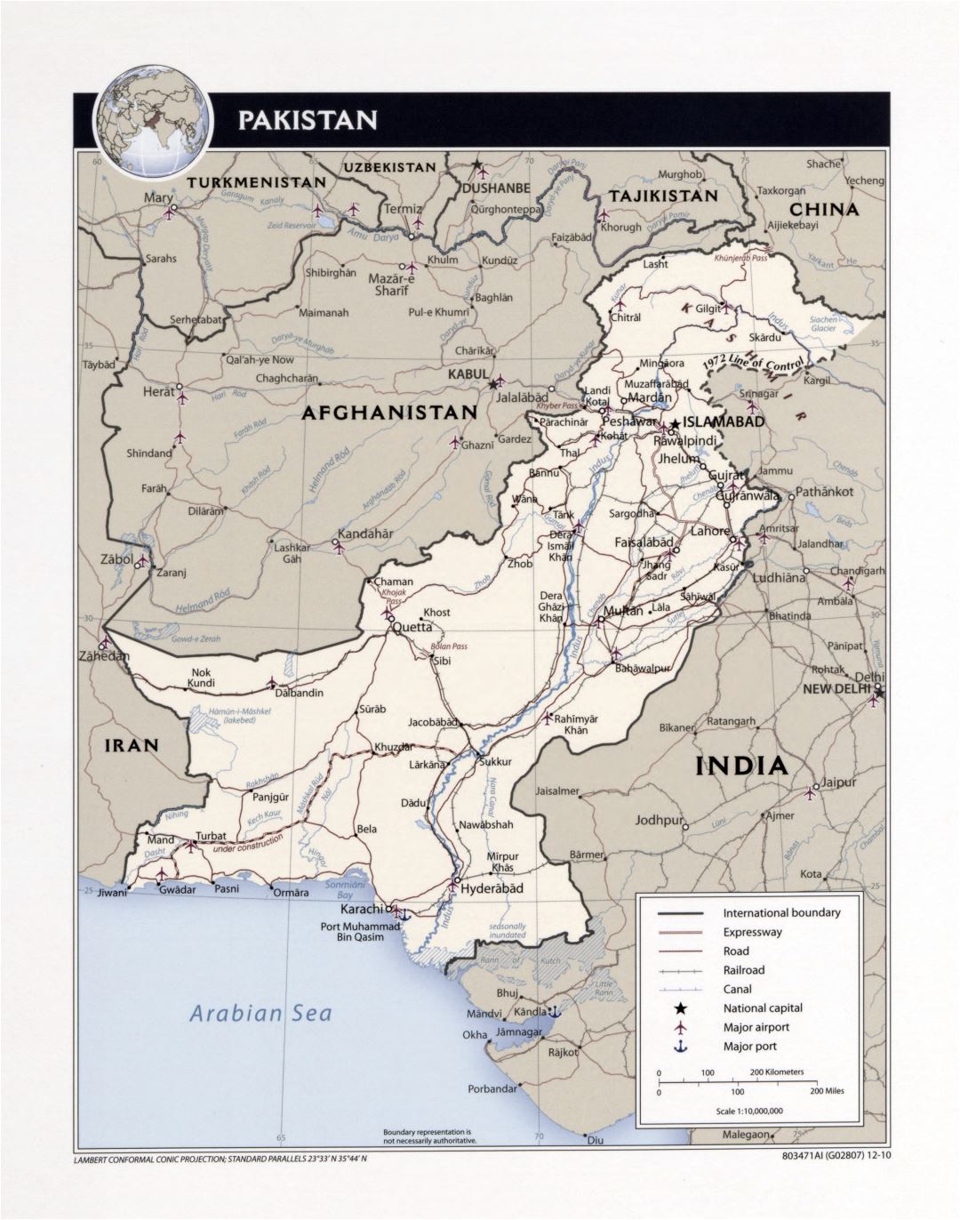 Large detailed political map of Pakistan with roads, railroads, cities, airports, ports and other marks - 2010