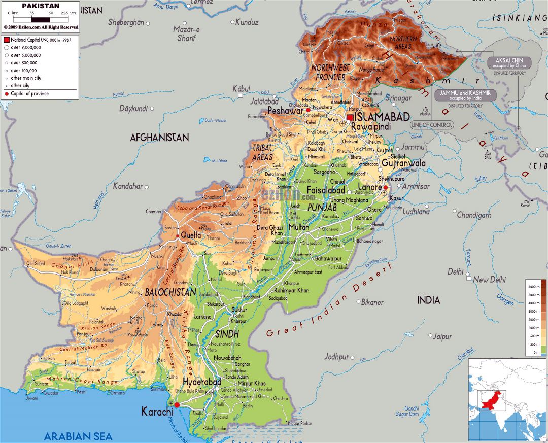 Large physical map of Pakistan with roads, cities and airports