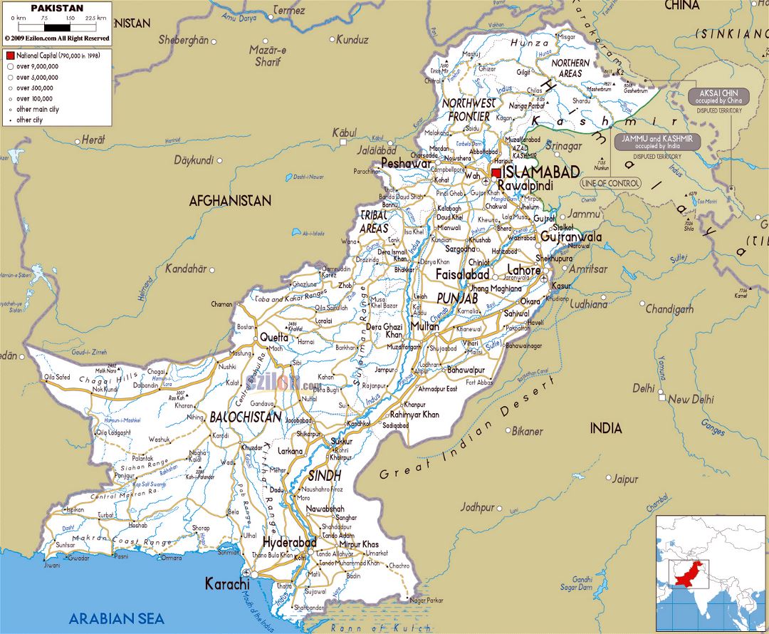 Large road map of Pakistan with cities and airports