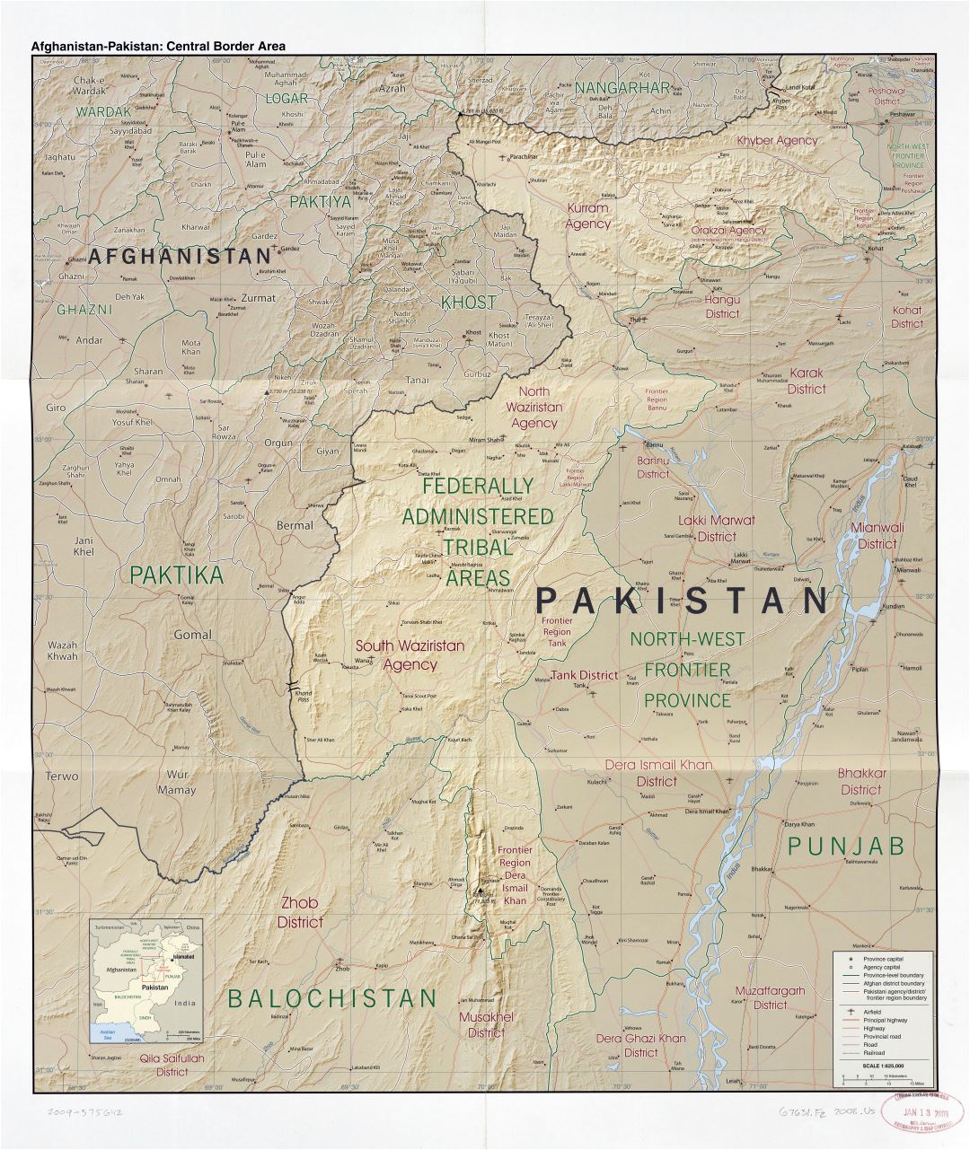 Large scale detailed Afghanistan - Pakistan central border area map with relief, administrative divisions, roads, railroads, airfields and cities - 2008
