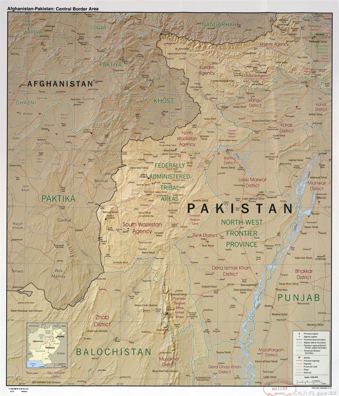 Large scale detailed Afghanistan - Pakistan central border area map with relief, administrative divisions, roads, railroads, airfields and cities - 2010
