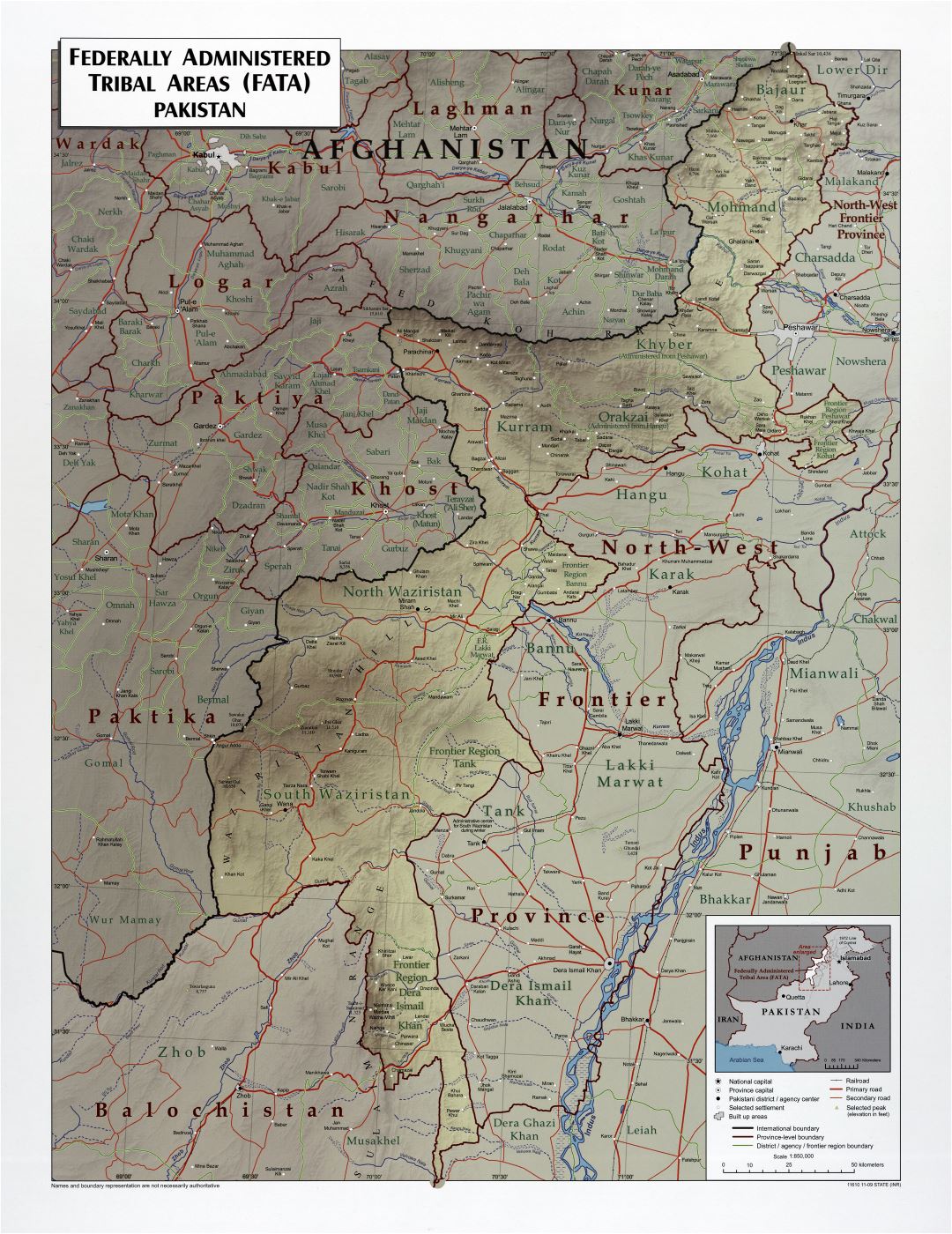 Large scale detailed Federally Administered Tribal Areas (FATA) of Pakistan map with relief, roads, railroads and cities - 2009