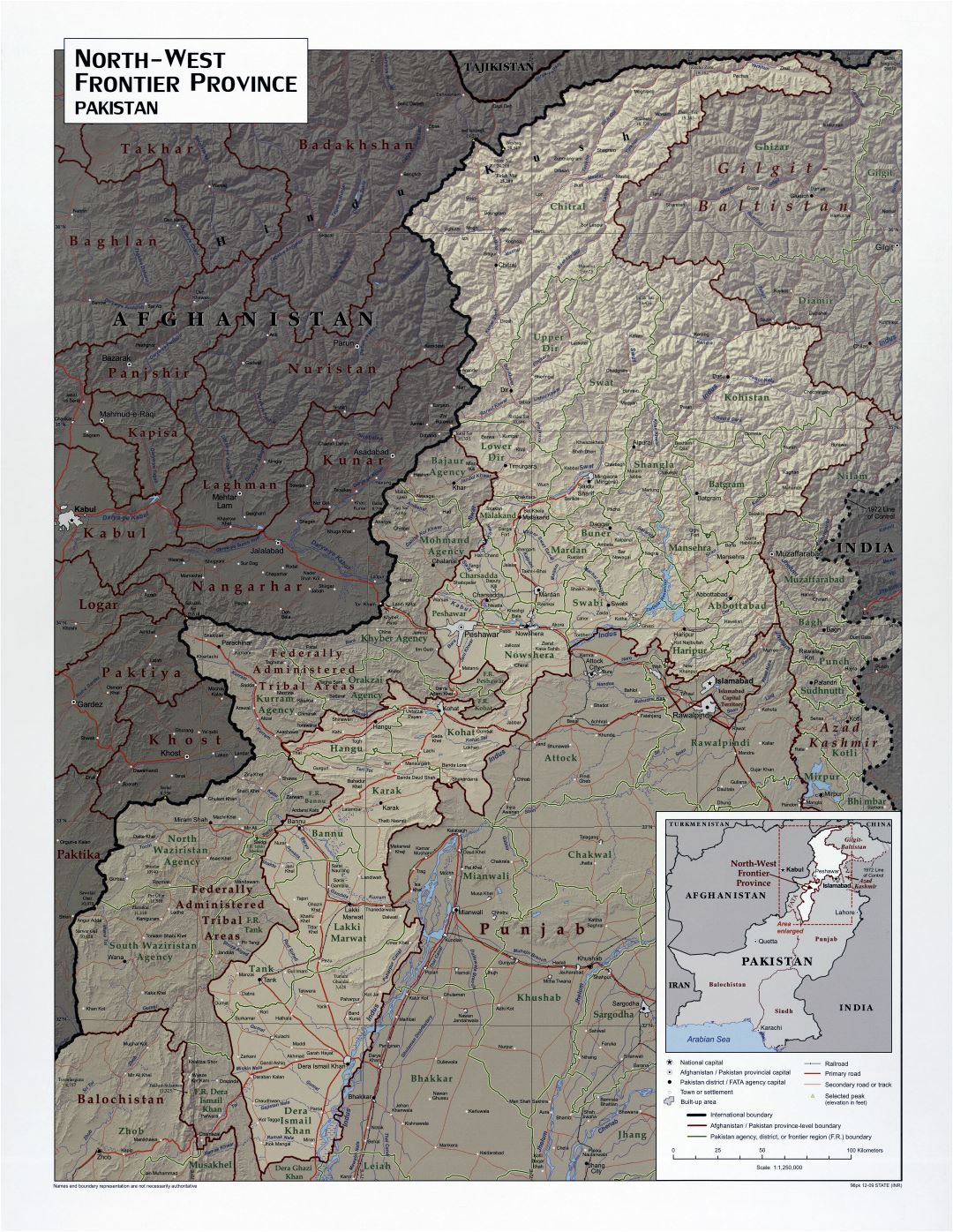 Large scale detailed North West Frontier Province of Pakistan map with relief, roads, railroads and cities - 2009