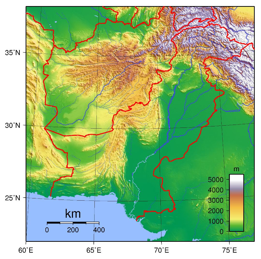Large topographical map of Pakistan