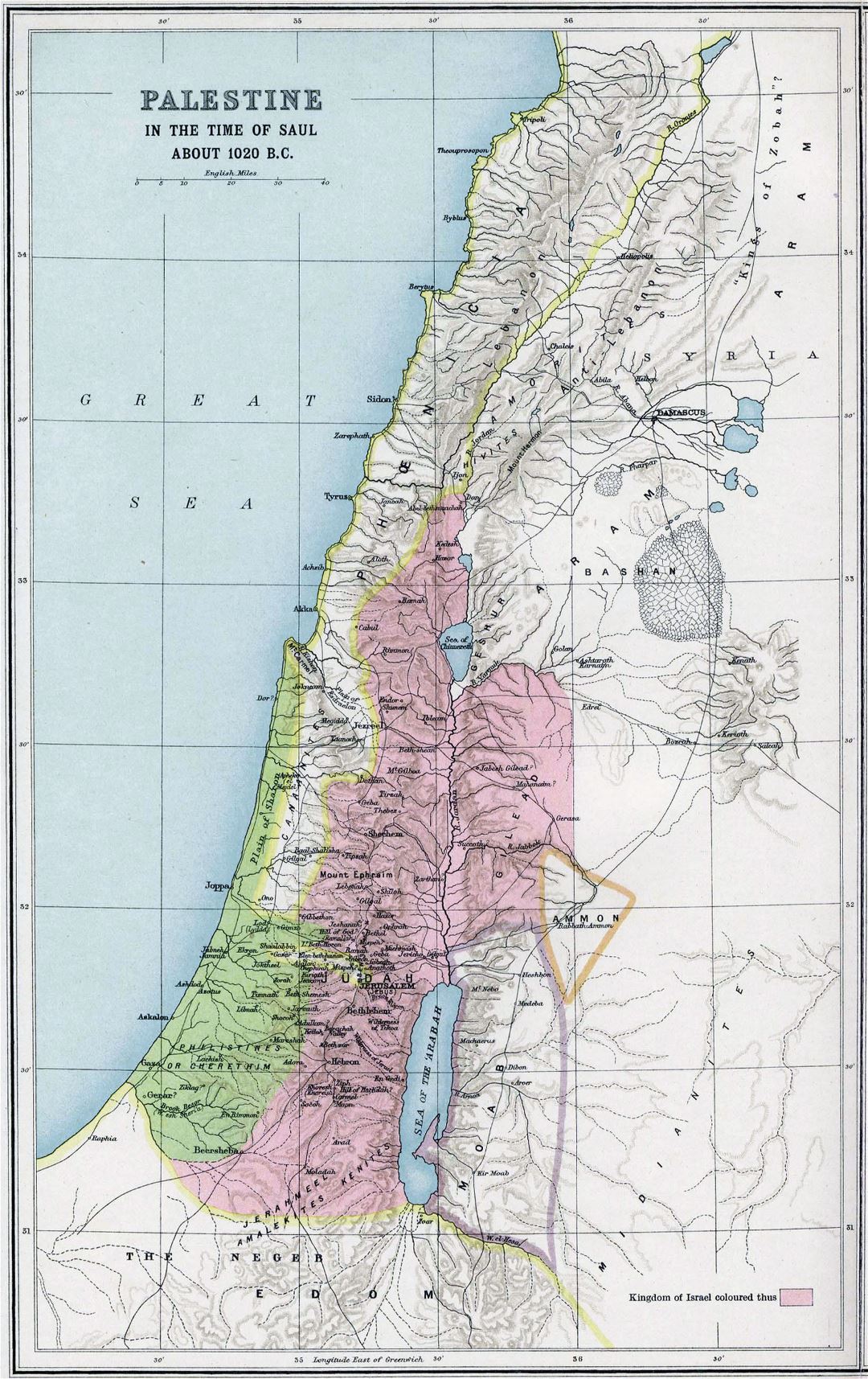 Large old map of Palestine 1020 B.C.