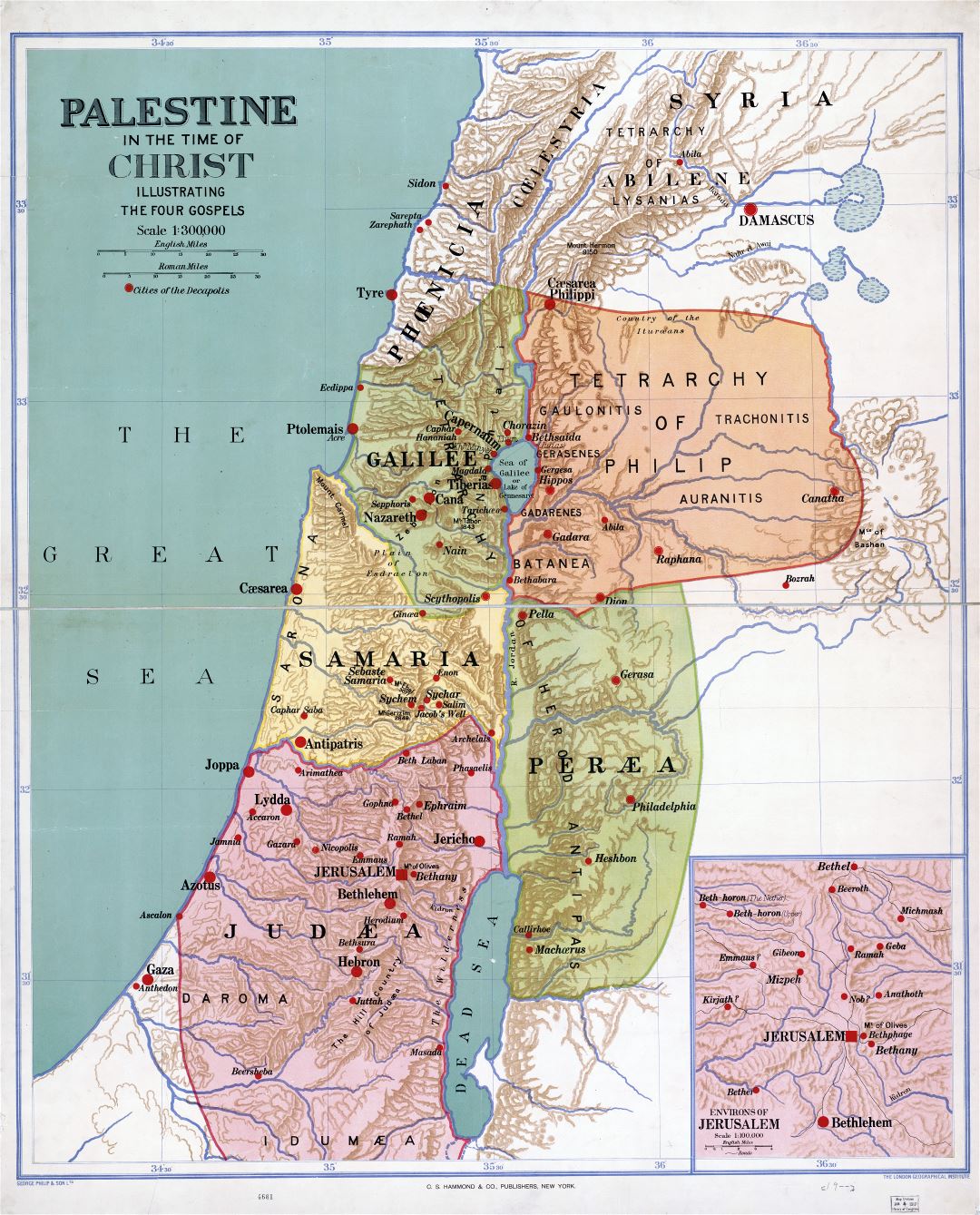 Large scale detailed old map of Palestine in the time of Christ - 1916