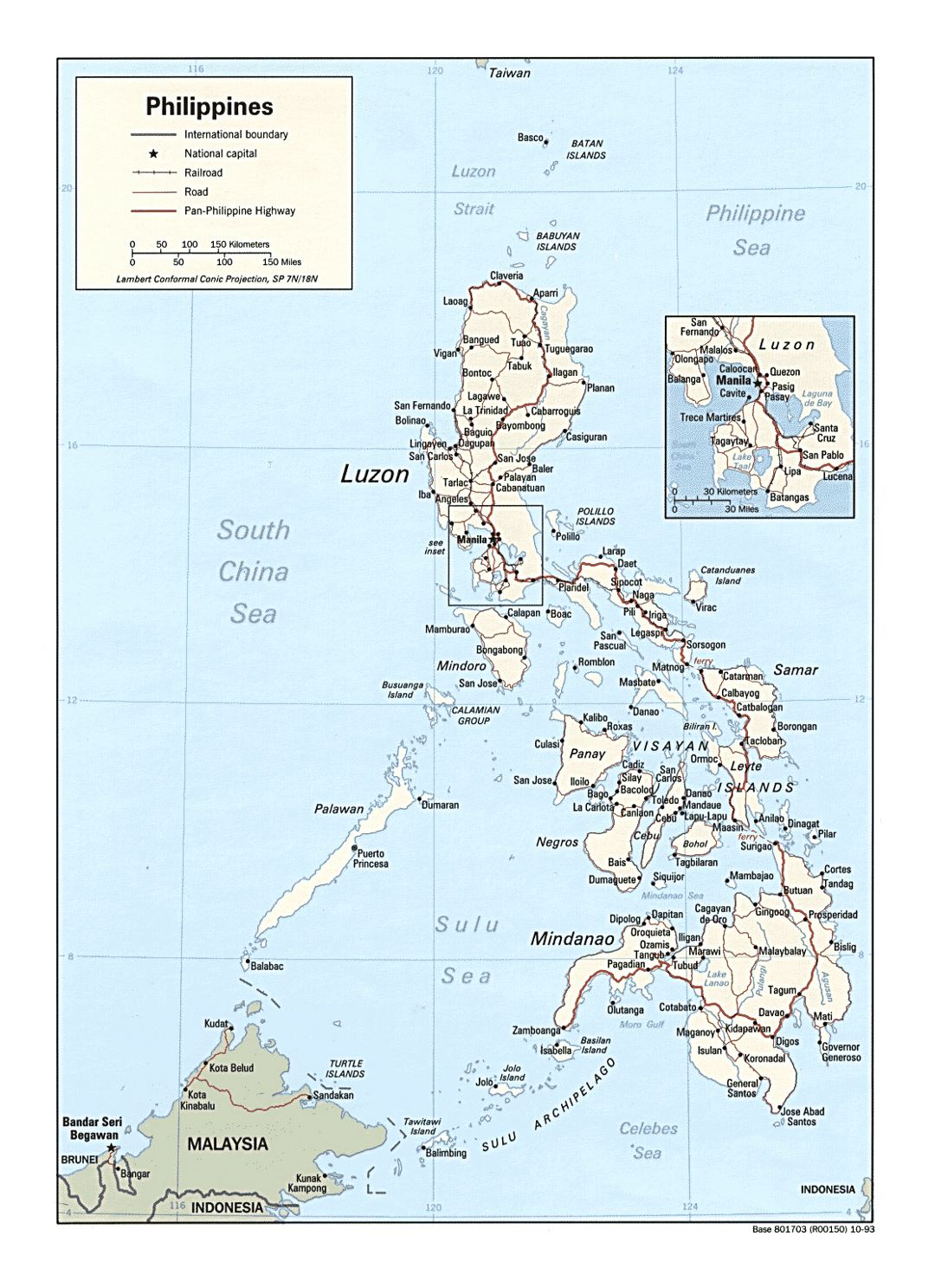 Detailed political map of Philippines with roads, railroads and major cities - 1993
