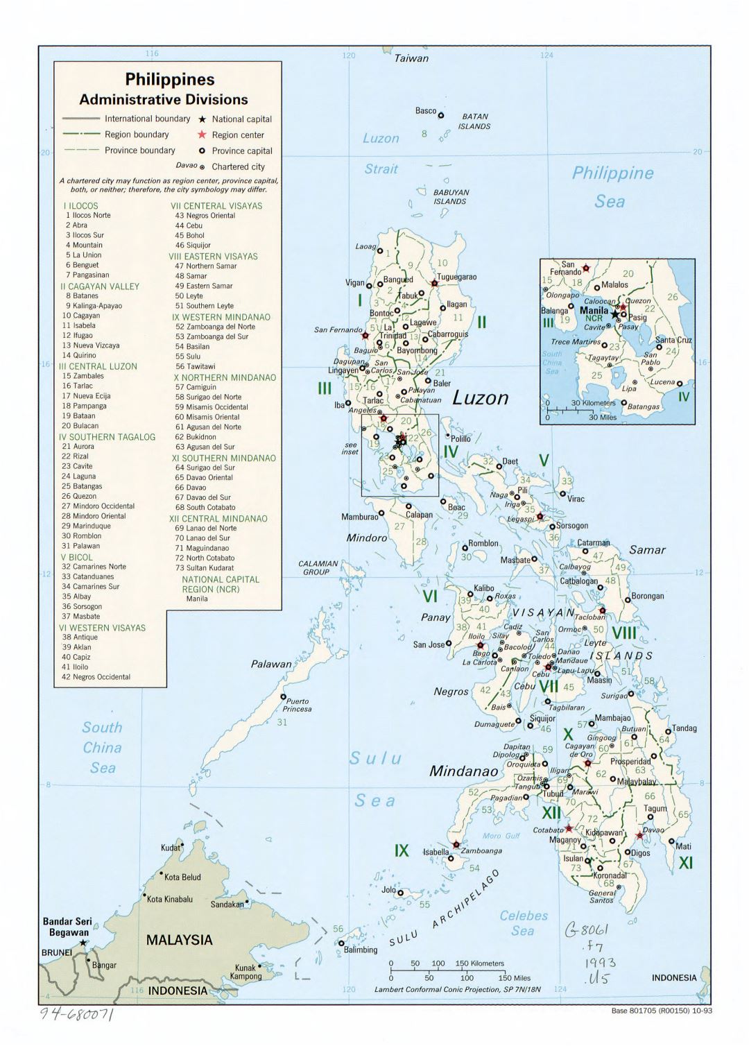 Large detailed administrative divisions map of Philippines - 1993
