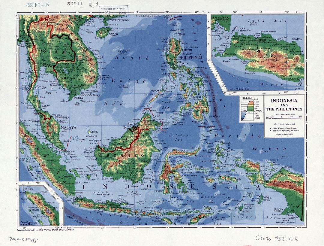 Large detailed elevation map of Indonesia and the Philippines - 1952