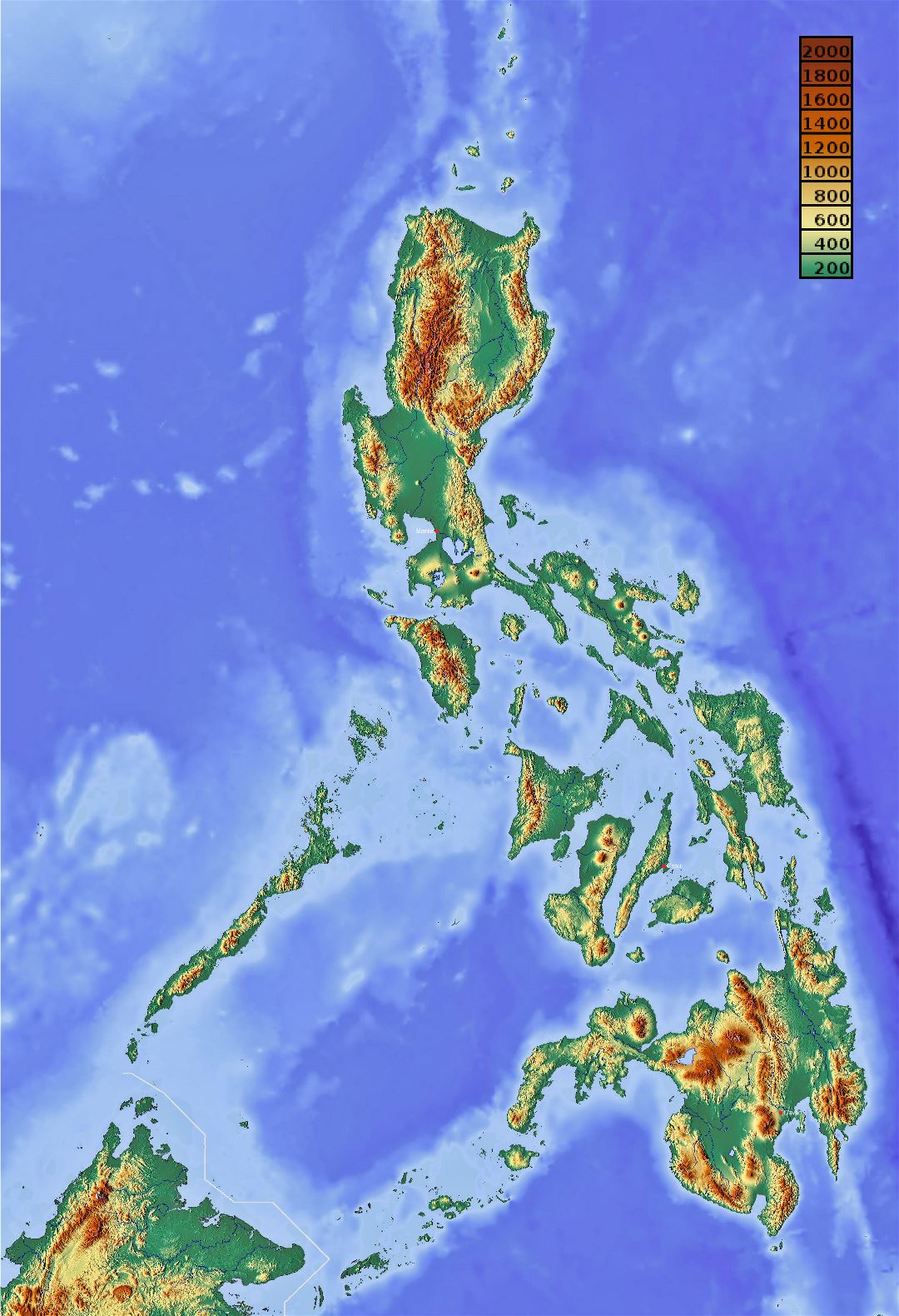 Large detailed elevation map of Philippines