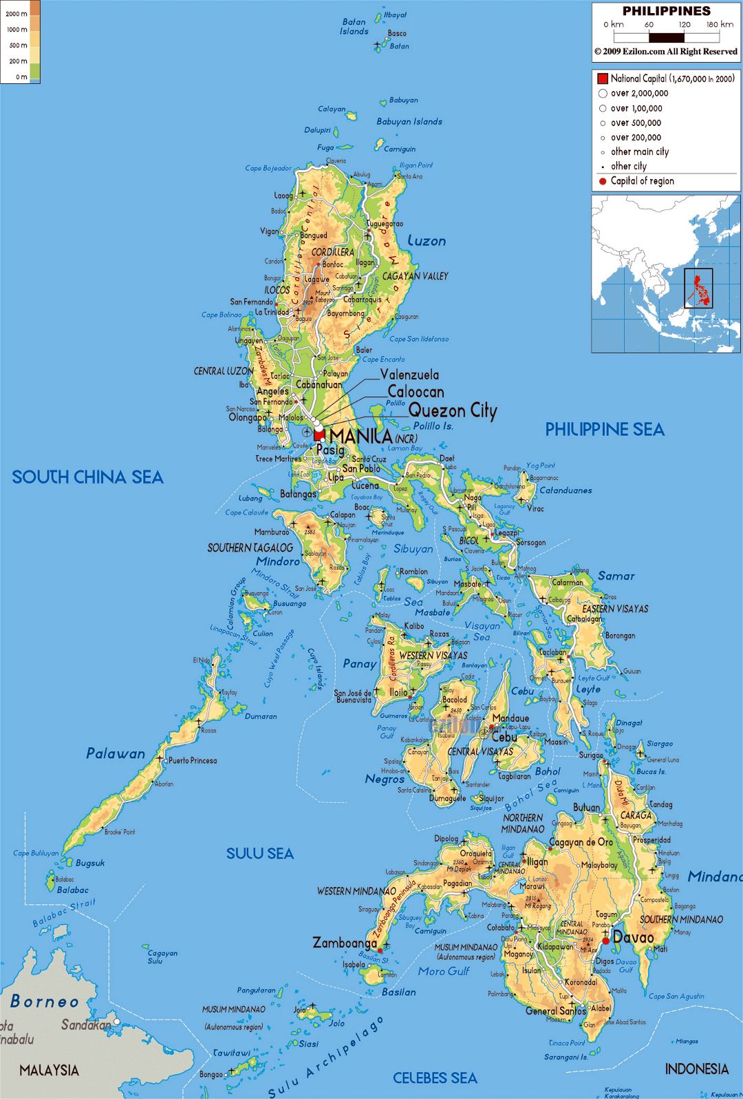 Large physical map of Philippines with roads, cities and airports