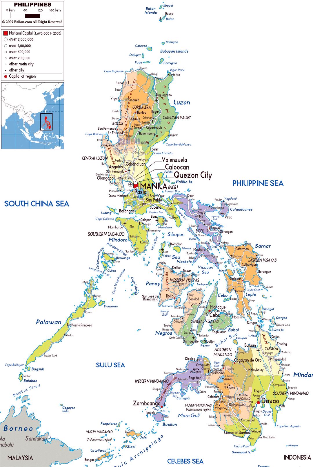 Large political and administrative map of Philippines with roads, cities and airports