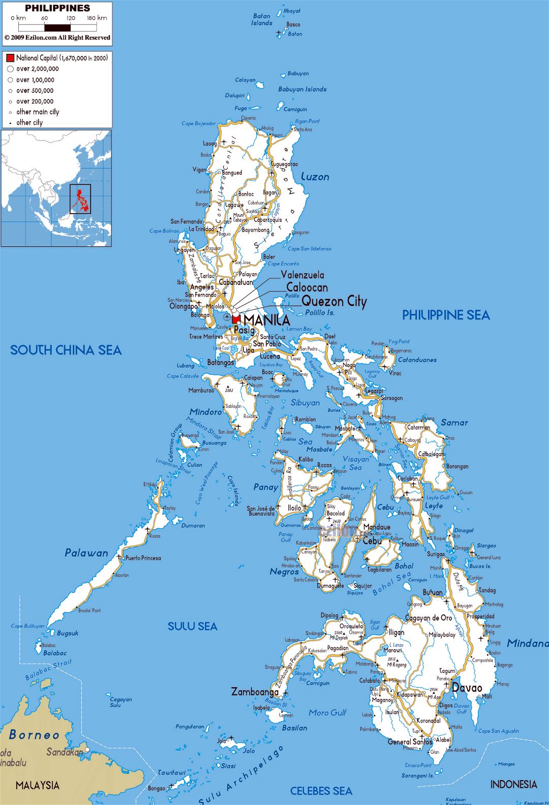 Large road map of Philippines with cities and airports