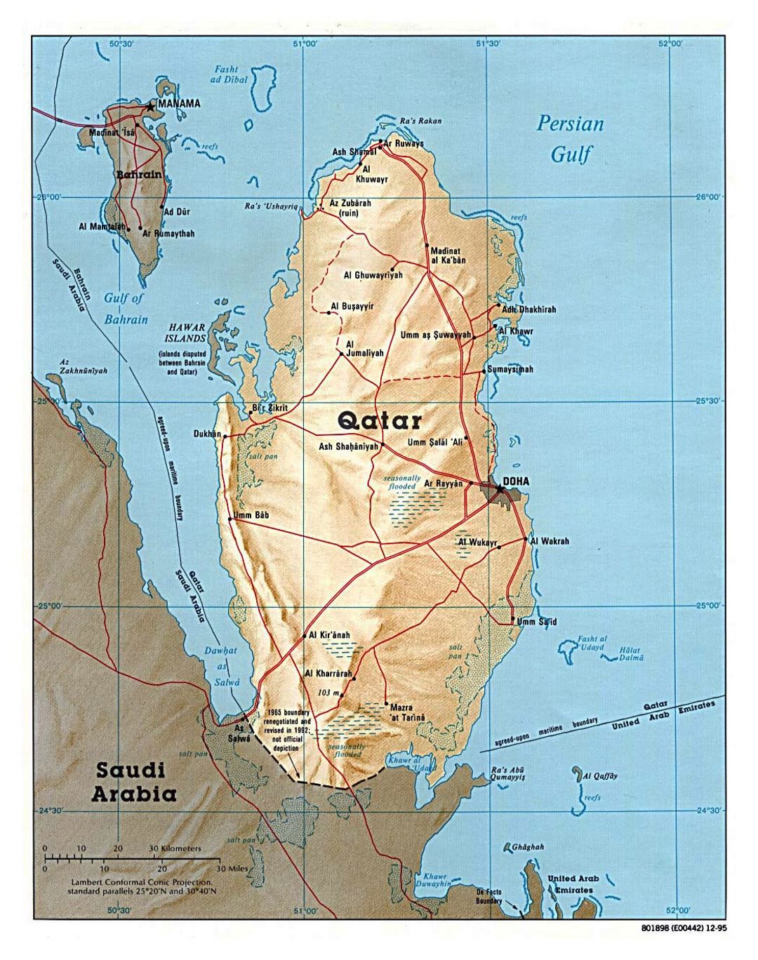 Detailed political map of Qatar with relief, roads and cities - 1995