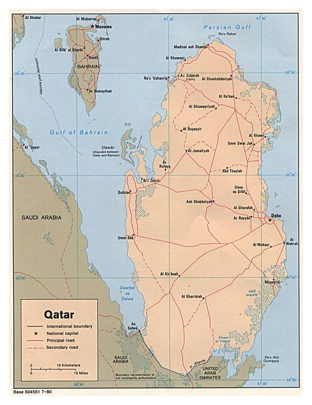 Detailed political map of Qatar with roads and cities - 1980