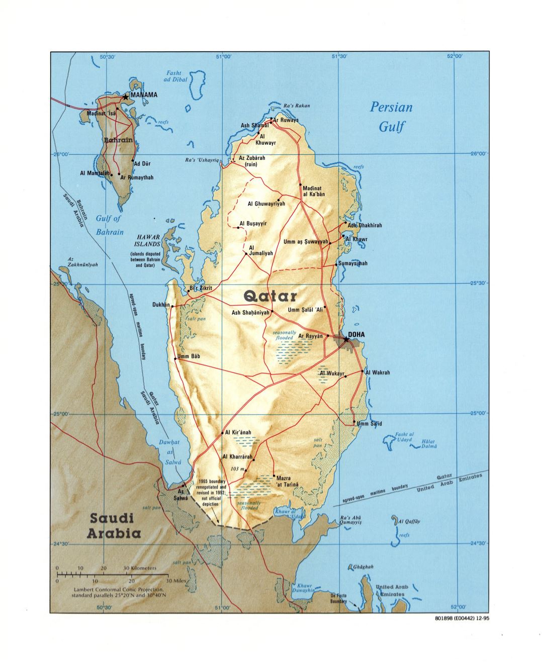 Large detailed political map of Qatar with relief, roads and cities - 1995