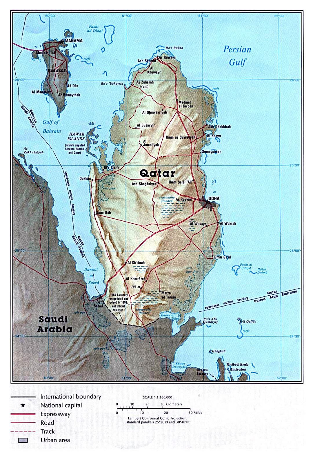 Large political map of Qatar with relief, roads and cities