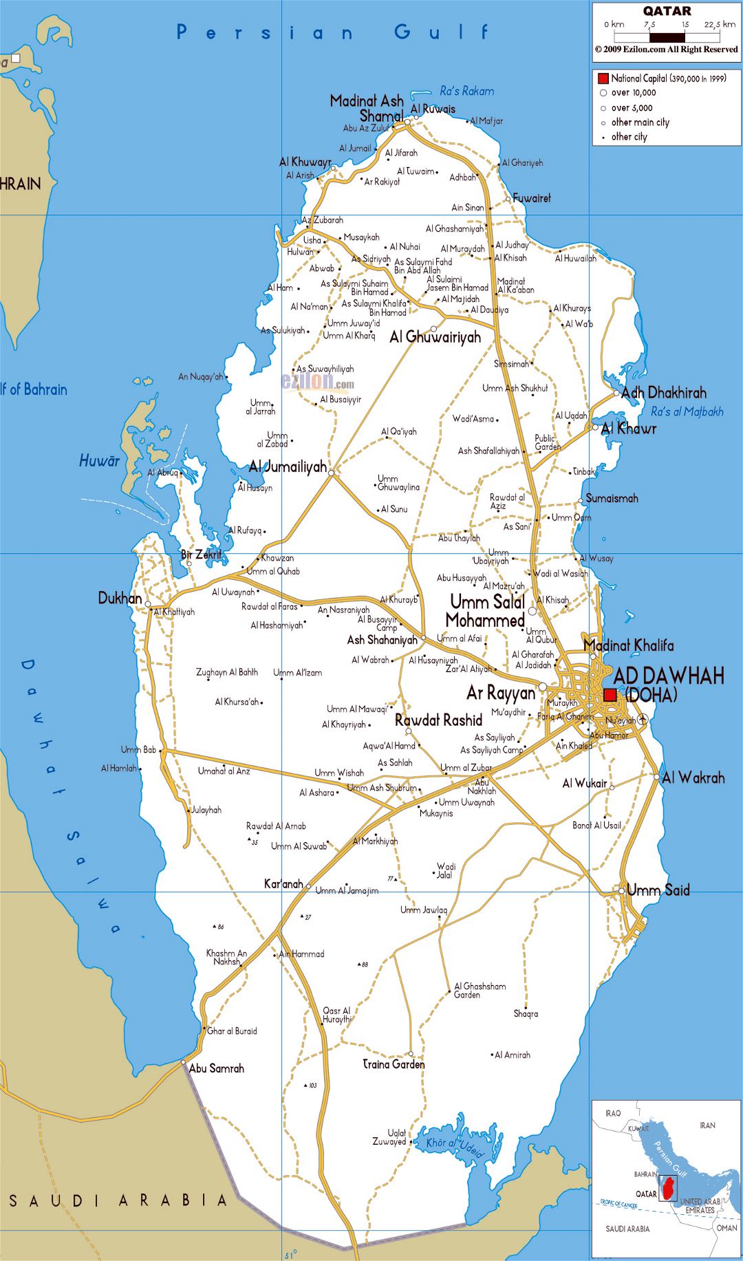 Large road map of Qatar with cities and airports
