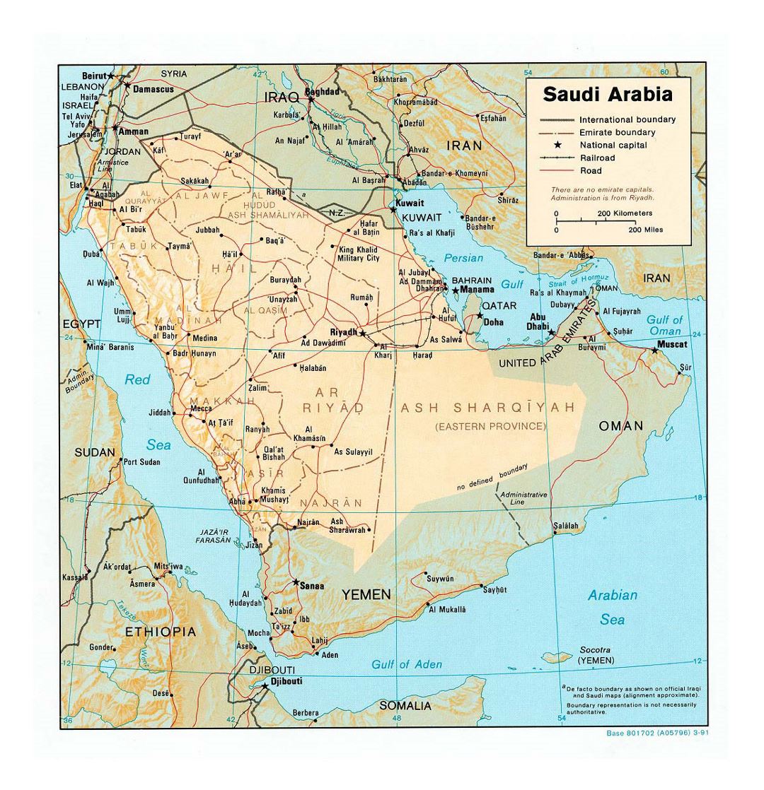 Detailed political and administrative map of Saudi Arabia with relief, roads, railroads and major cities - 1991