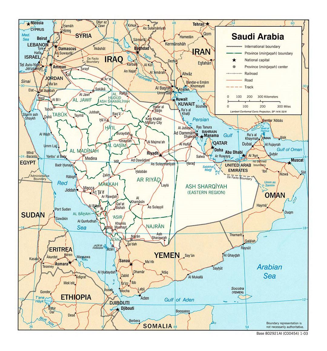 Detailed political and administrative map of Saudi Arabia with roads, railroads and major cities - 2003