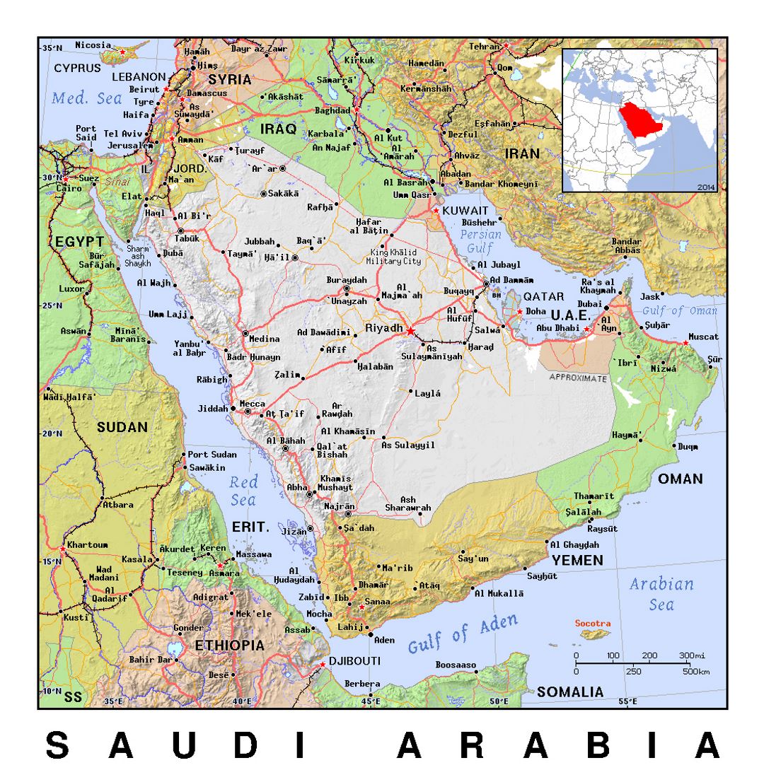 Detailed political map of Saudi Arabia with relief