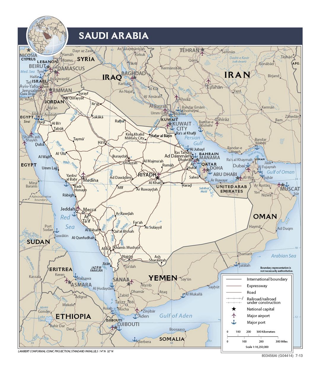 Detailed political map of Saudi Arabia with roads, railroads, ports, airports and major cities - 2013