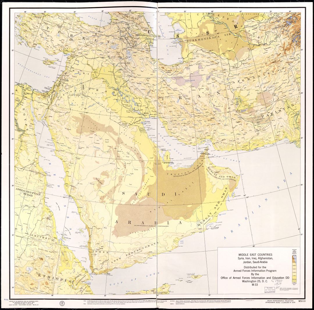 Large detailed elevation map of the Middle East Countries - Syria, Iran, Iraq, Afghanistan, Jordan and Saudi Arabia - 1955