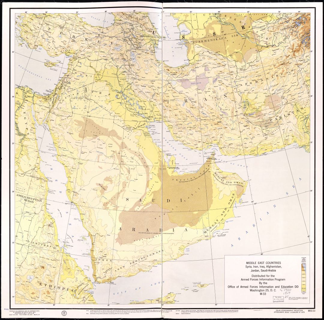 Large scale detailed elevation map of the Middle East Countries - Syria, Iran, Iraq, Afghanistan, Jordan and Saudi Arabia - 1955