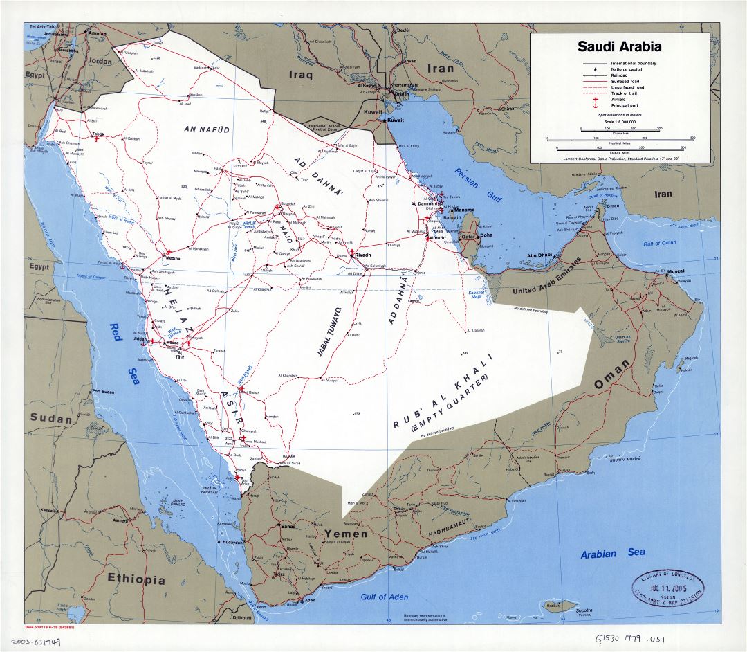 Large scale political map of Saudi Arabia with roads, railroads, ports, airports and cities - 1979