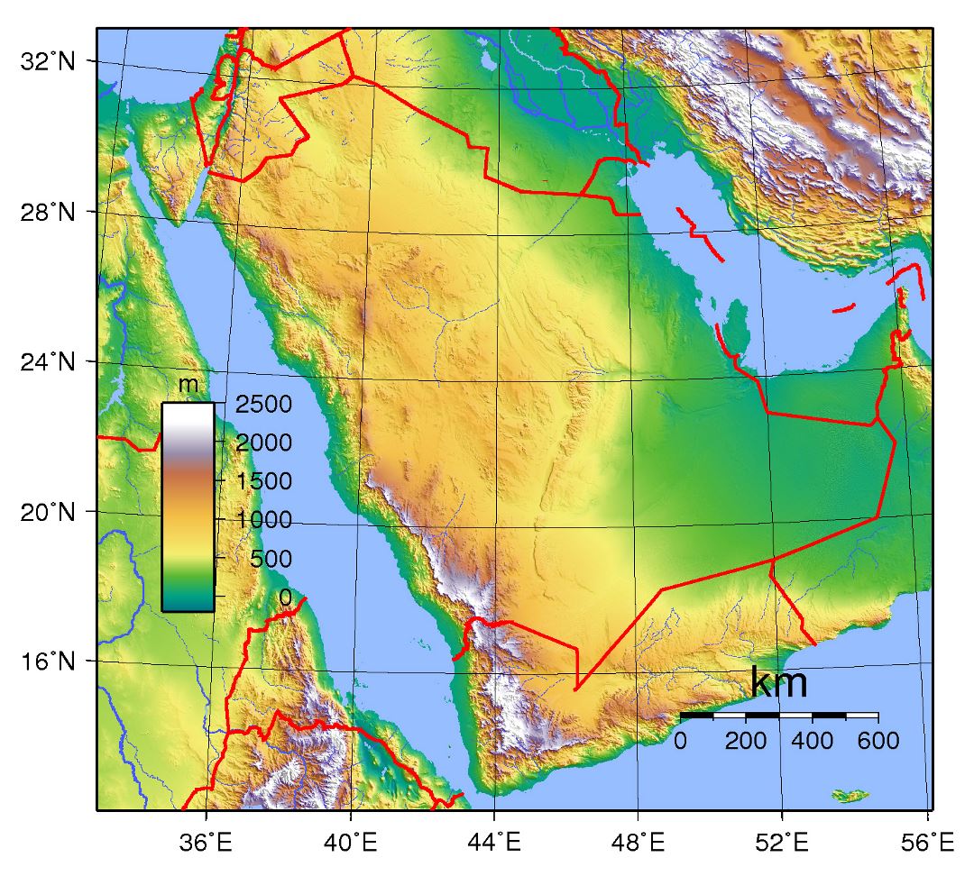 Large topographical map of Saudi Arabia