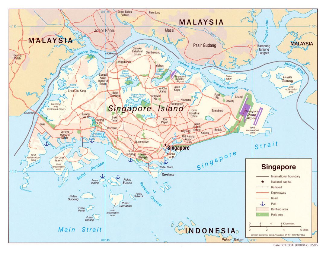 Detailed political map of Singapore with roads, railroads, airports, seaports and other marks - 2005