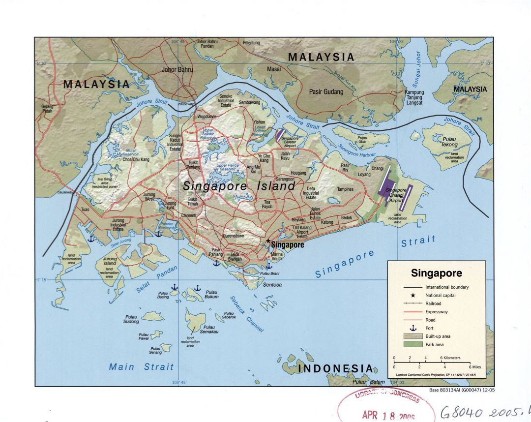 Large detailed political map of Singapore with roads, railroads, airports, seaports and other marks - 2005
