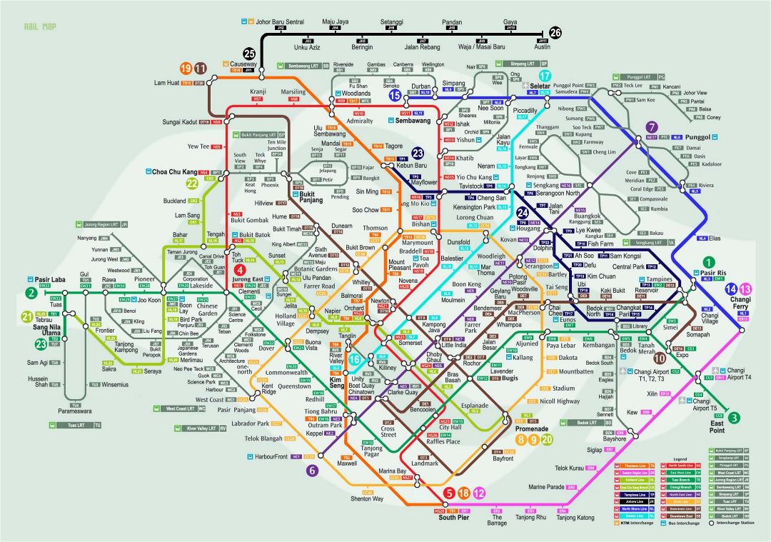 Large detailed rail map of Singapore city