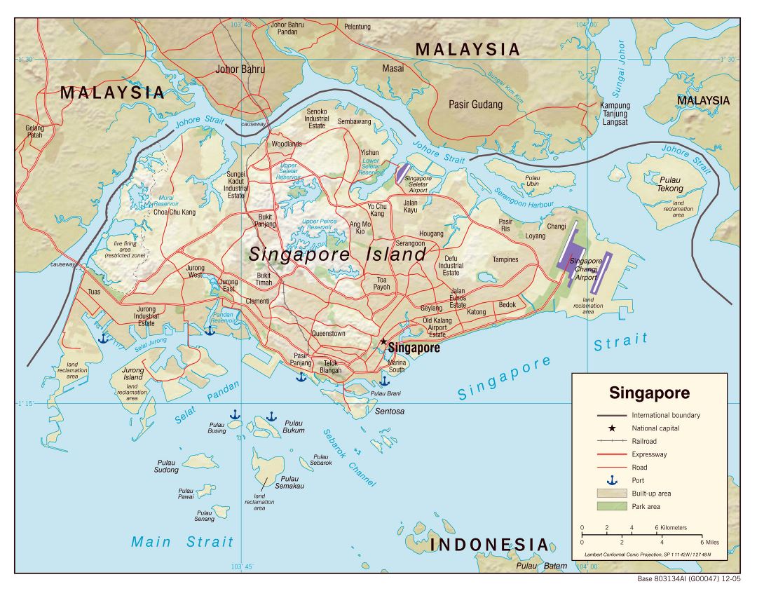Large political map of Singapore with relief, roads, railroads, airports, seaports and other marks - 2005