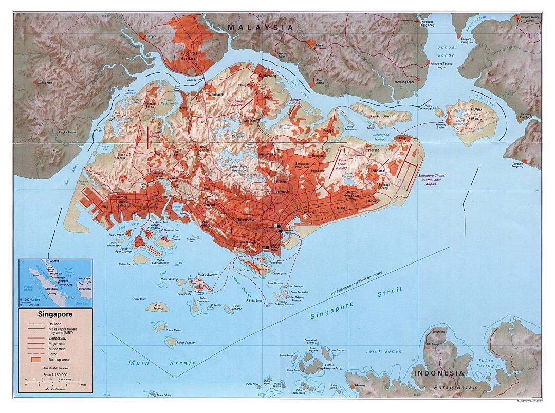 Large political map of Singapore with relief, roads, railroads and other marks - 1994