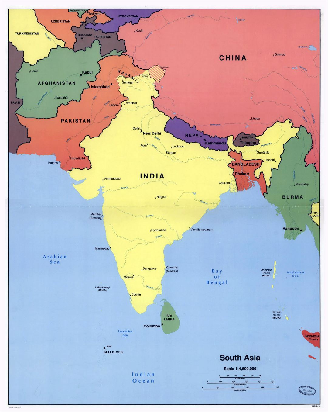 Large detailed political map of South Asia with major cities - 1998