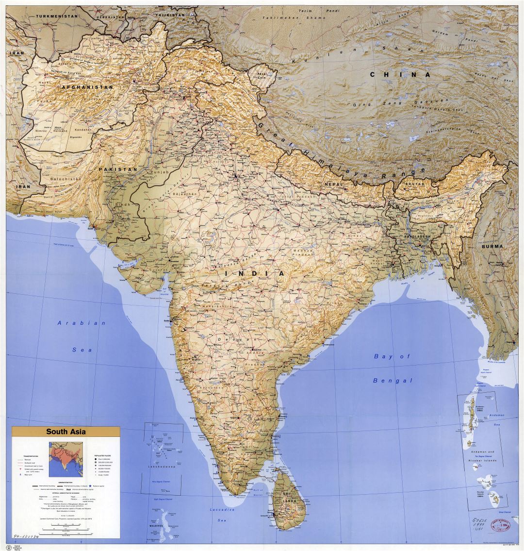 Large scale detailed political map of South Asia with relief, roads, railroads, cities, airports and seaports - 1993