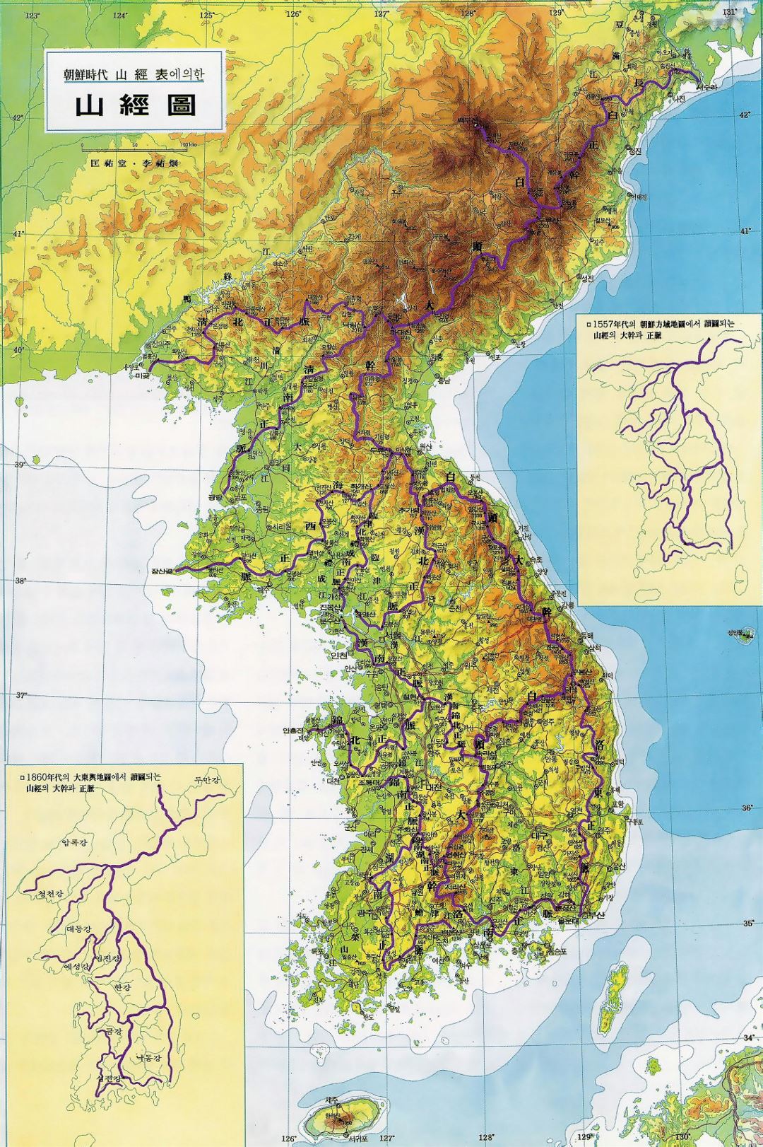 Detailed elevation map of Korean Peninsula with roads