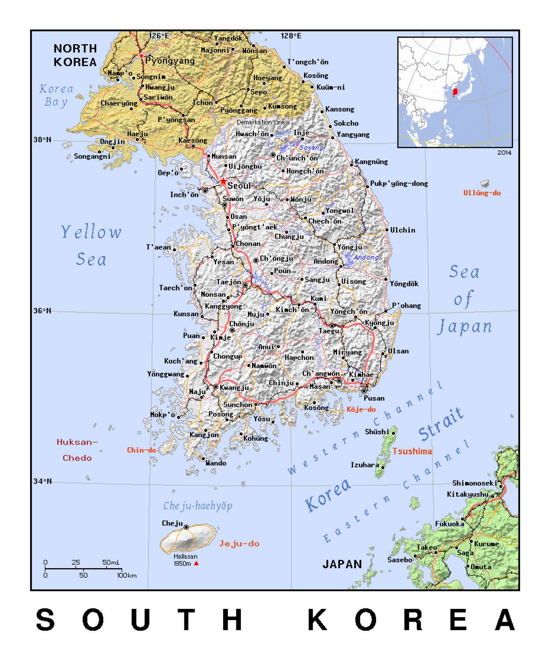Detailed political map of South Korea with relief