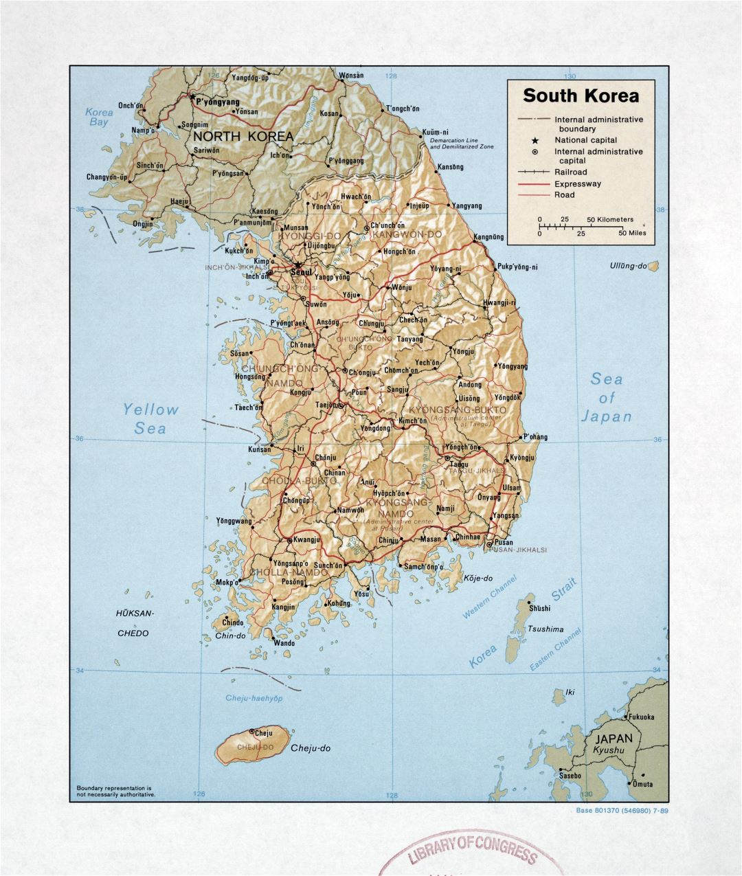 Large detailed political and administrative map of South Korea with relief, roads, railroads and major cities - 1989